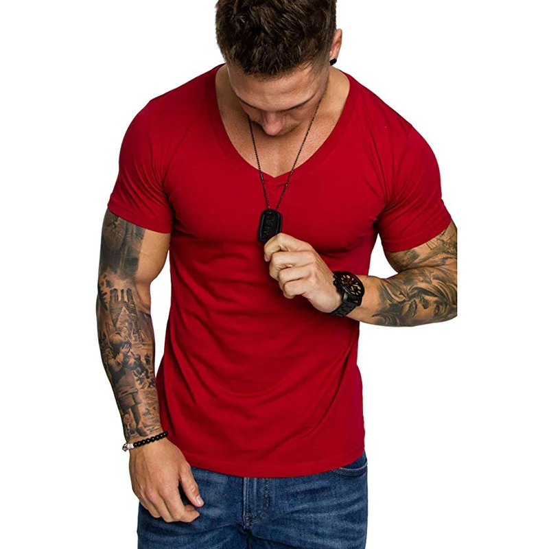 Summer New Men's Casual Sports Short Sleeved T Shirt, Solid Color, Large Size, V Neck Top. Comfortable and Stylish for E