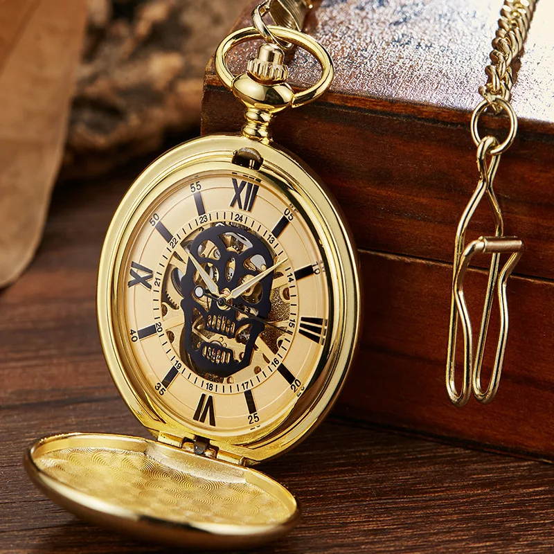 Relógio de bolso mecânico retrô com caveira e flip oco, estilo vintage para homens, presente elegante e charmoso.