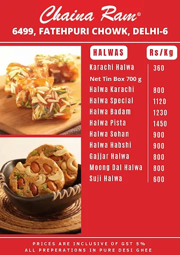 Chaina Ram Sindhi Confectioners menu 