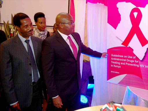 Acting director of Medical Services Dr Jackson Kioko and Health PS Nicholas Muraguri at the launch of the Anzisha campaign to scale up HIV treatment in Nairobi on July 15 /FILE