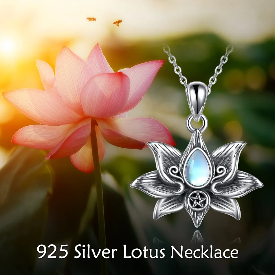 Collier pendentif fleur de lotus en argent sterling et pierre de lune, bijoux cadeaux pour femmes, élégant et symbolique.