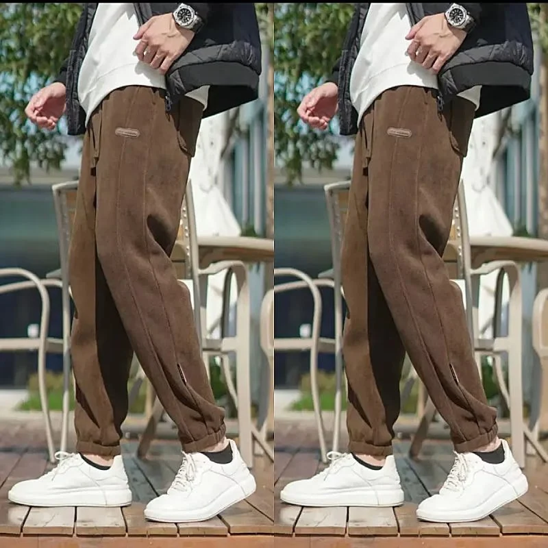 Pantalon décontracté en velours côtelé pour homme, coupe ample et droite, cheville nouée, confort et style décontracté, idéal