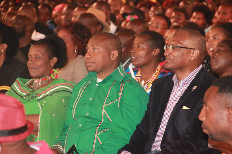 CBK Governor Dr Patrick Njoroge(R) with nominated MP David ole Sankok (c) and his wife Hellen Sankok(L) during a Live TV event in Narok stadium on Saturday.