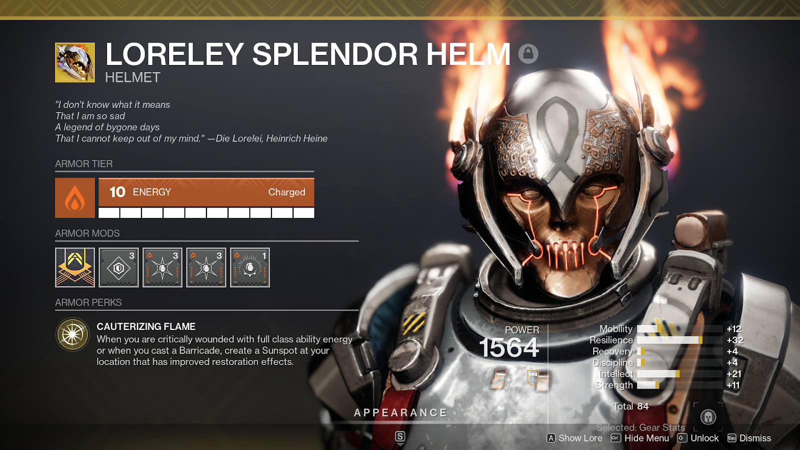 Screenshot from the game of the Loreley Splendor Helm detail screen.