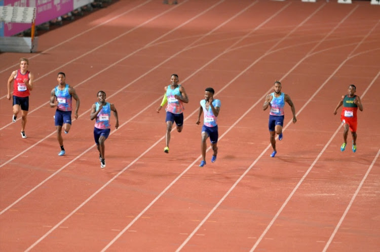 Anaso Jobodwana, Clarence Munyai, Luxolo Adams, Trentavis Friday,Isaac Makwala, Retshidisitswe,Hendrick Maartens and Justin Walker during day 1 of the Athletix Grand Prix at Ruimsig Athletics Stadium on February 28, 2018 in Johannesburg.