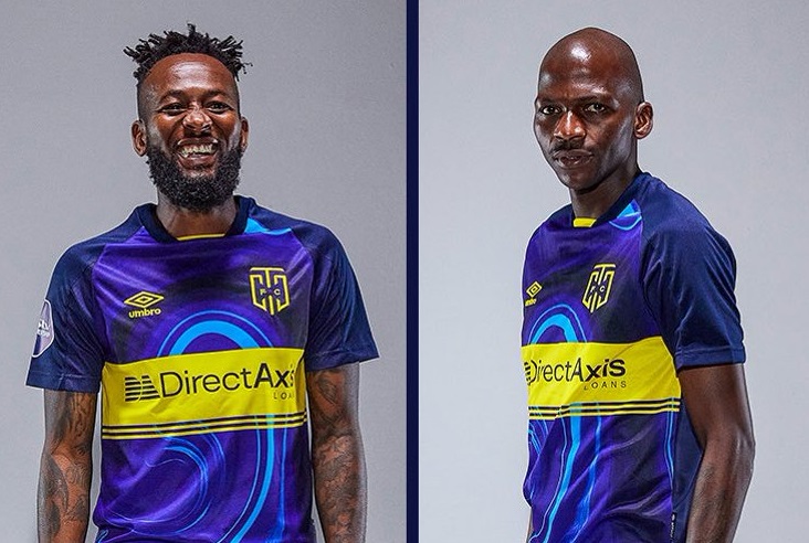 Cape Town City players Mpho Makola (left) and Thamsanqa Mkhize sport the club's jersey for the 2021-22 season, including the logo of new shirt sponsor DirectAxis.