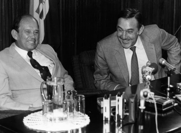 Former Minister of Defence, General Magnus Malan with Pik Botha. While Botha portrayed himself as a “liberal at heart”‚ academics believe archived papers might allow scholars to confirm or refute this.