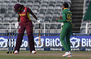 Momentum Proteas fast bowler Ayabonga Khaka celebrates one of her five wickets after dismissing Shamilia Connell caught and bowled off her own bowling during the second ODI between SA and the West Indies at the Wanderers on January 31 2022.