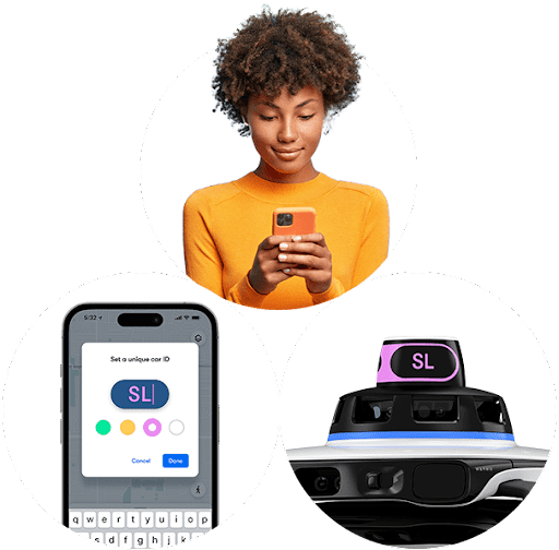 Image series showing woman on phone, the app screen where you can alter the letters on the vehicle, and the roof pod of the self-driving vehicle where the letters appear.