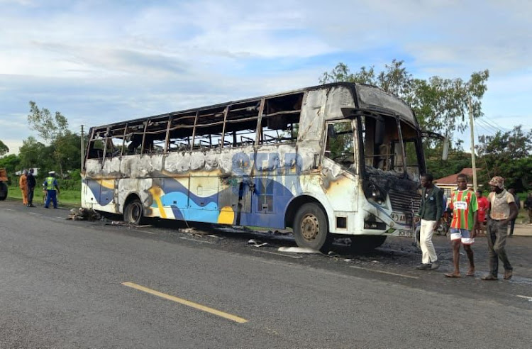 Kisumu bound bus the Guardian which burst into flames after one of it's rare tire exploded at Buoye along Kisumu-Nairobi Road on May 2, 2022.