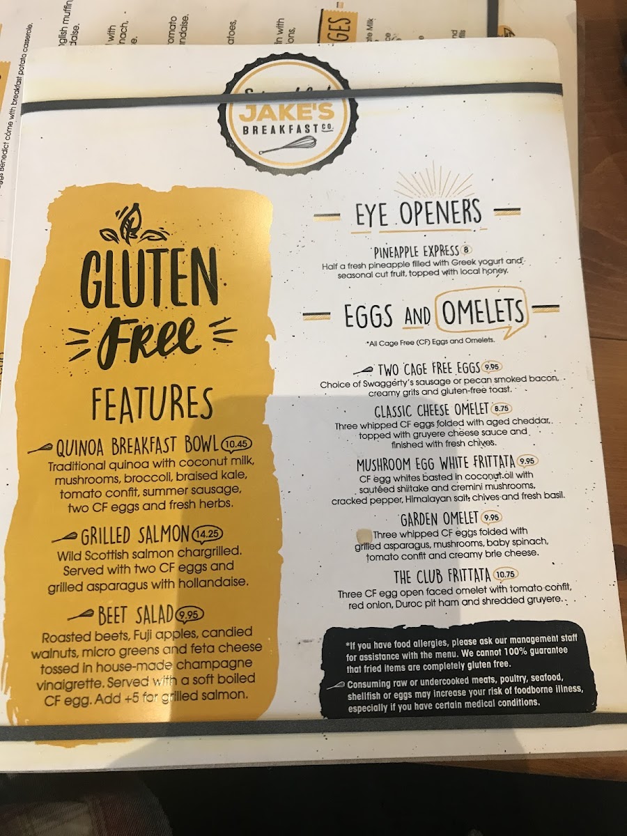 Scrambled Jake's Breakfast Company gluten-free menu