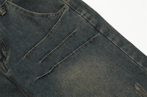 Title 7, Washed and Worn Out Denim Straight-leg Trousers...