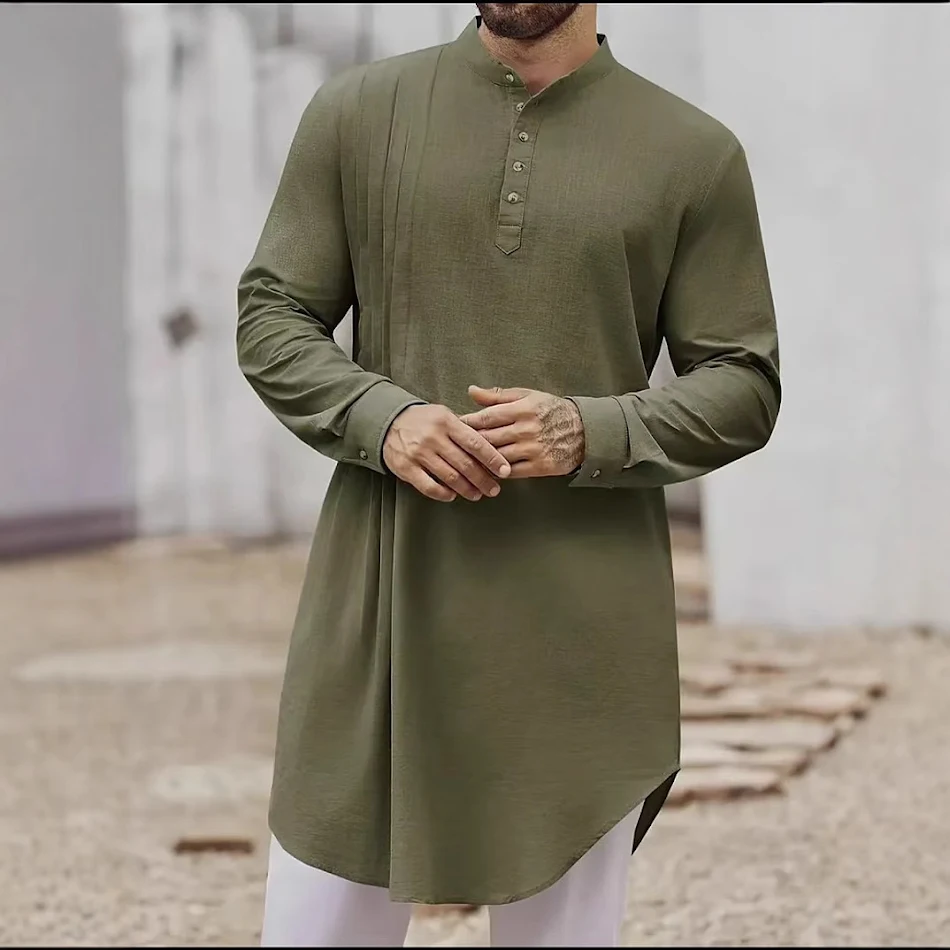 Heren Button Cotton Linen Shirt Robe - comfortabele badjas uit een katoen-linnen mix, perfect voor een relaxte dag of warme zomerdagen.