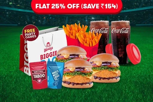 FLAT 25% Off On 3 Classic Veg Burgers + 2 Fries + 2 Beverages