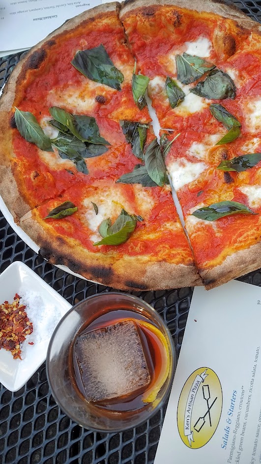 Ken's Artisan Pizza, 12 inch thin crust perfection, this one is a classic Margherita with tomato sauce, mozzarella, and basil and the Ken's Old Fashioned with Evan Williams, Ramazotti Amaro, demerara sugar, Angostura bitters, and orange skin