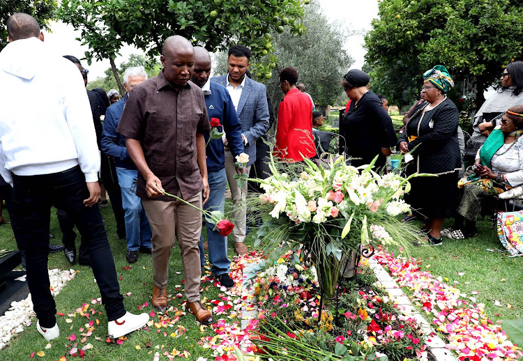 EFF leader Julius Malema at a wreath laying ceremony during the first year anniversary of Nomzamo Winfred Madikizela-Mandela's death at Fourways Memorial Park.