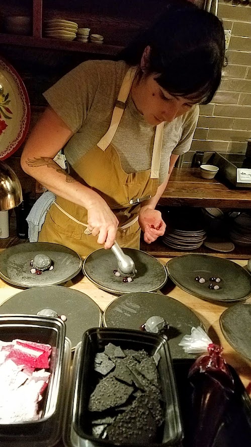 Langbaan PDX Chefs Who Inspire Dinner with Justin Woodward, dessert course 1 of Black sesame ice cream, ash meringue, cassis, purple rice by Maya Erickson