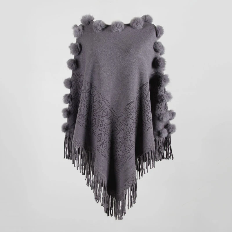 Cape à franges châle boule de cheveux pull col rond couleur unie pull femme