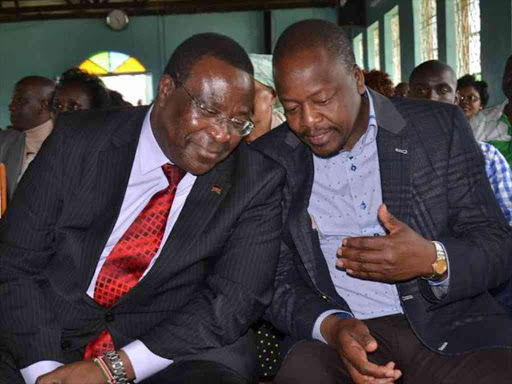 Senate Speaker Ekwee Ethuro with Nyeri Senator Mutahi Kagwe at Karatina ACK Church, Nyeri county, on Sunday/ WAMBUGU KANYI