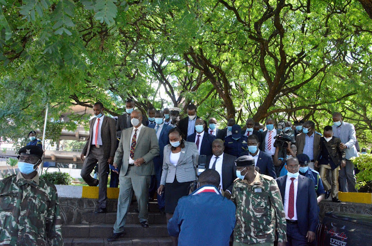 Nairobi DG Anne Kananu with NMS director general Major General Mohammed Badi and other county members on January 15, 2021.