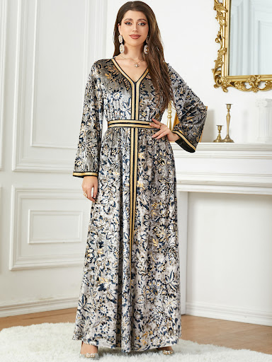 Title 6, Arabian Autumn And Winter Printing Velvet Dress
