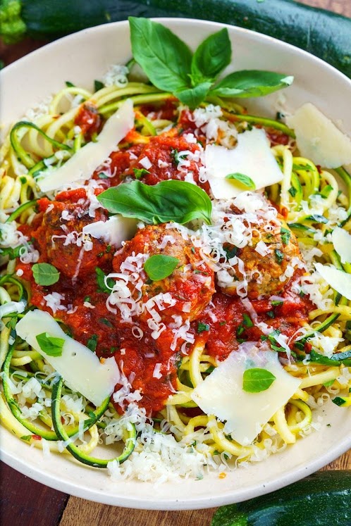 Zucchini Turkey Meatballs in Marinara on Zoodles