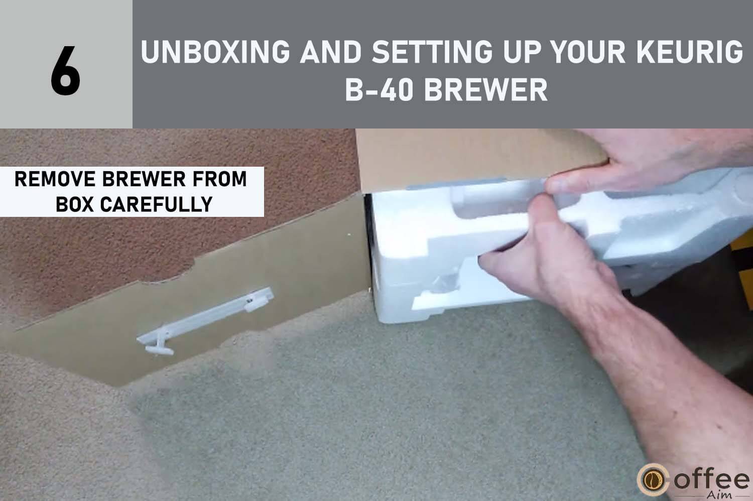Unveiling Your Keurig B-40 Brewer: Mastering the Art of Carefully Unboxing and Setting Up" for the comprehensive guide on effectively using the Keurig B-40 model. This accompanying image vividly illustrates the meticulous process of removing the brewer from its packaging, ensuring a seamless and secure start to your Keurig journey.