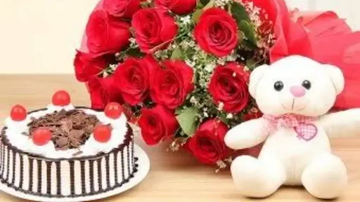 Black Forest Cake [500 Gram] And 1 Teddy Bear Red Rose Bunch