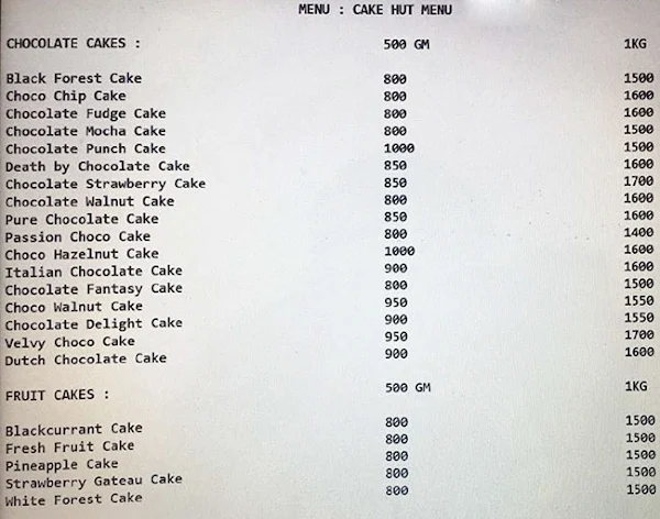 Cake Hut menu 