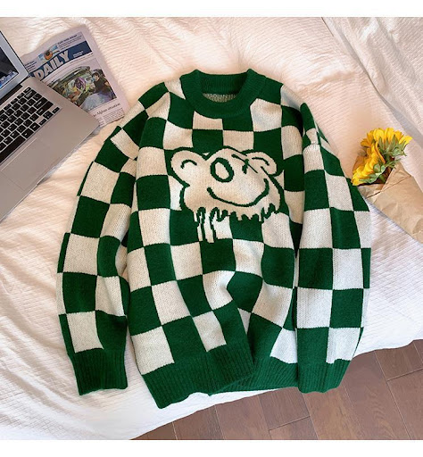 Title 10, Autumn and Winter Loose Chessboard Round Neck S...