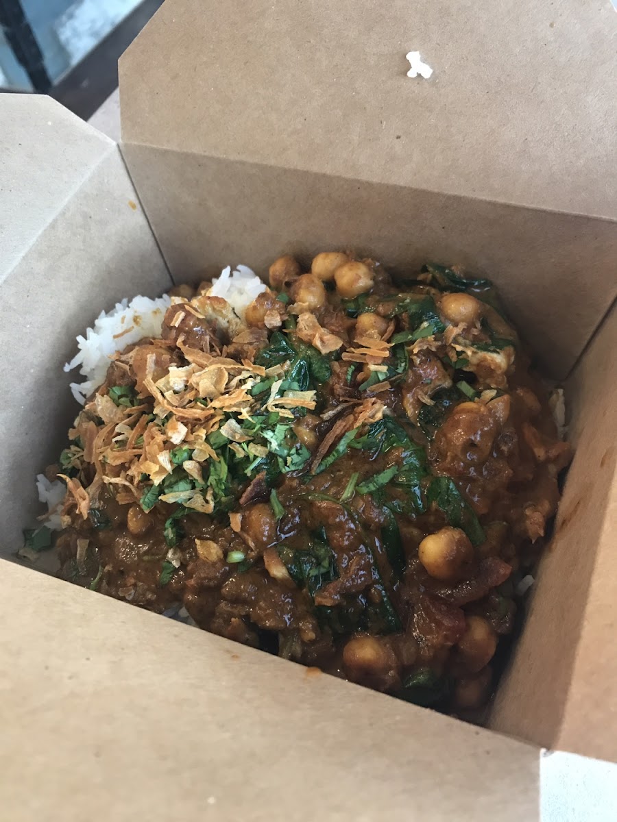 Chickpea and spinach masala with pork. Delicious!