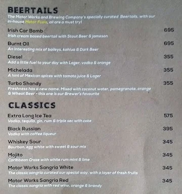 Motor Works & Brewing Company menu 