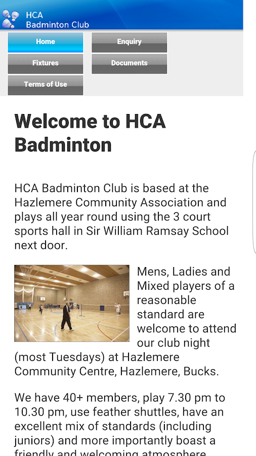 HCA Badminton Club Screen 3