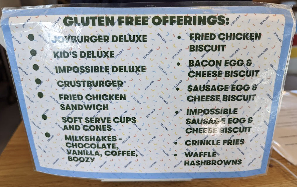 Joyland Restaurant gluten-free menu