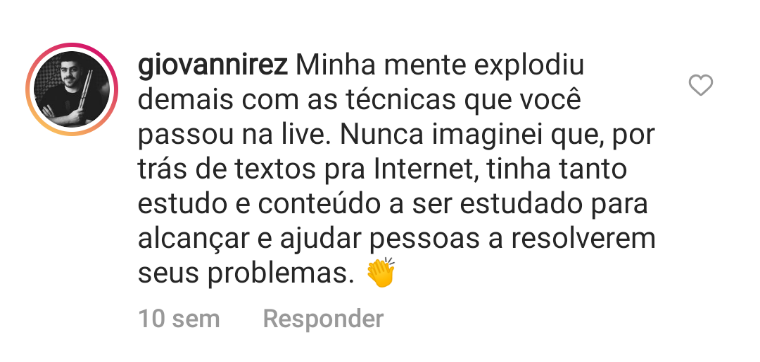  4 formas de estudar Copywriting com a Você Ligado: Conteúdos gratuitos no Instagram, Blog e Youtube - Seguidor elogiando o conteúdo apresentado em uma das lives realizadas pela Roberta Santos - Copywriter da Você Ligado