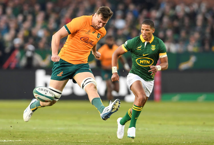 Nick Frost of Australia (left) and Manie Libbok of South Africa during the Rugby Championship match at Loftus Versfeld Stadium on July 08, 2023.