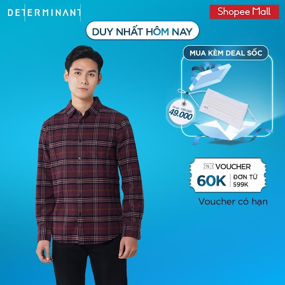 Áo Khoác Sơ Mi Nam Flannel Determinant Tay Dài - Form Rộng - Bền Màu - 100% Cotton - Sọc Kẻ Caro Đỏ - Red Check