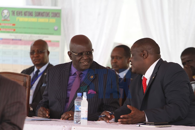 Education CS Prof George Magoha with PS Early learning and basic education Dr. Julius Jwan during the release of the KCPE results at KNEC headquarter along Dennis Pritt road on March 28, 2022.