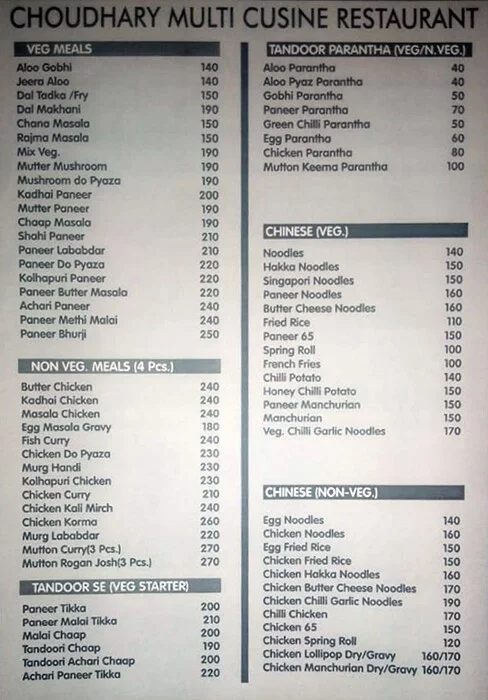 Chaudhary Multi Cuisine Restaurant menu 