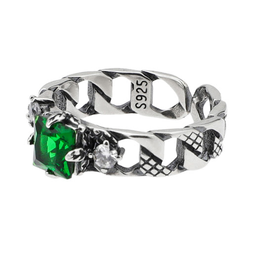Title 1, Sterling Silver Cuban Link Chain Green Stone Ri...