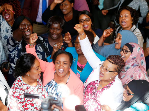 Women MPs protest at the Parliament lobby after the Gender Bill failed to sail through.