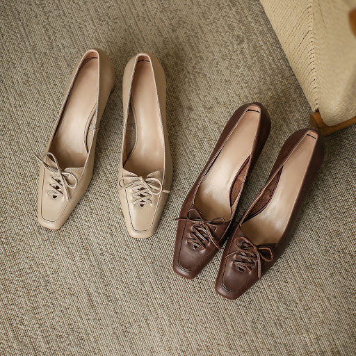 Title 3, Square-toe Lace-up Single Shoes Chunky Heel Mid...