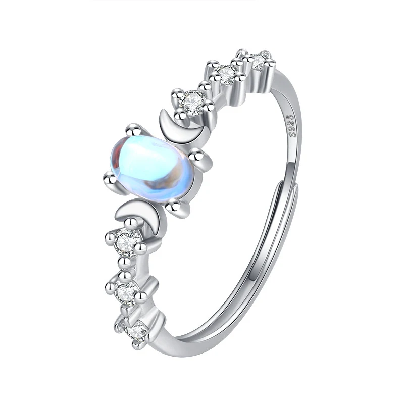 Anel feminino de prata esterlina S925 com pedra da lua, joia elegante de abertura, presente ideal, ajustável, brilho sutil.