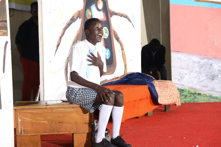 John Mark Shibero, a student at Starehe Boys presenting a solo verse- the Tick during the national drama festivals in Mombasa on April 29,2023