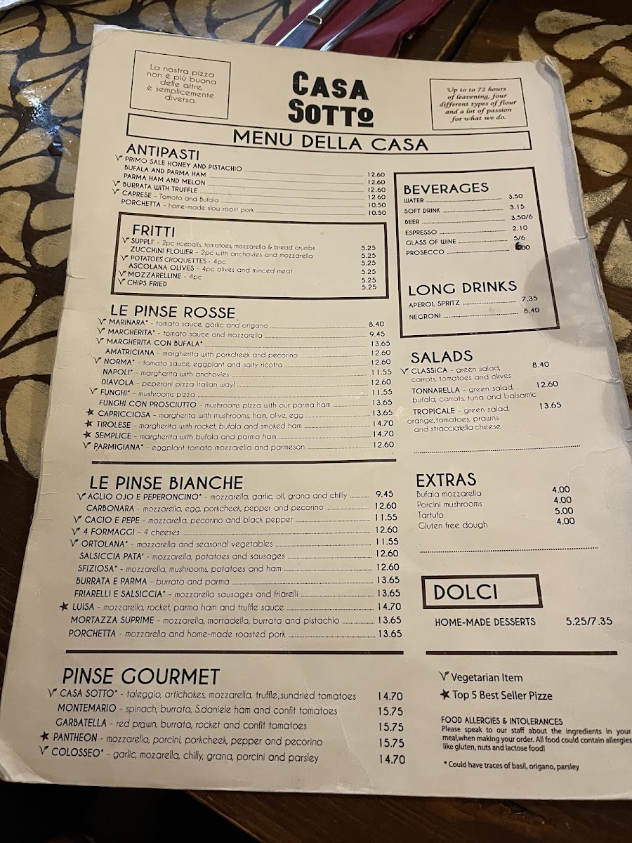 Casa Sotto Valletta Pizzeria Pinsa Romana gluten-free menu