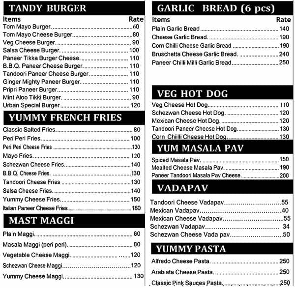 Urban Cafeteria menu 