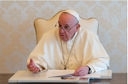 Pope Francis delivers a video message on the occasion of Earth Day, at the Vatican, on April 22 2021. 
