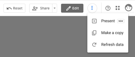 The More options three-dot menu for a report includes the options Present, Make a copy, and Refresh data.