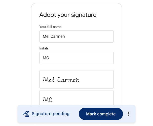 A signature is shown in UI on a mobile device.