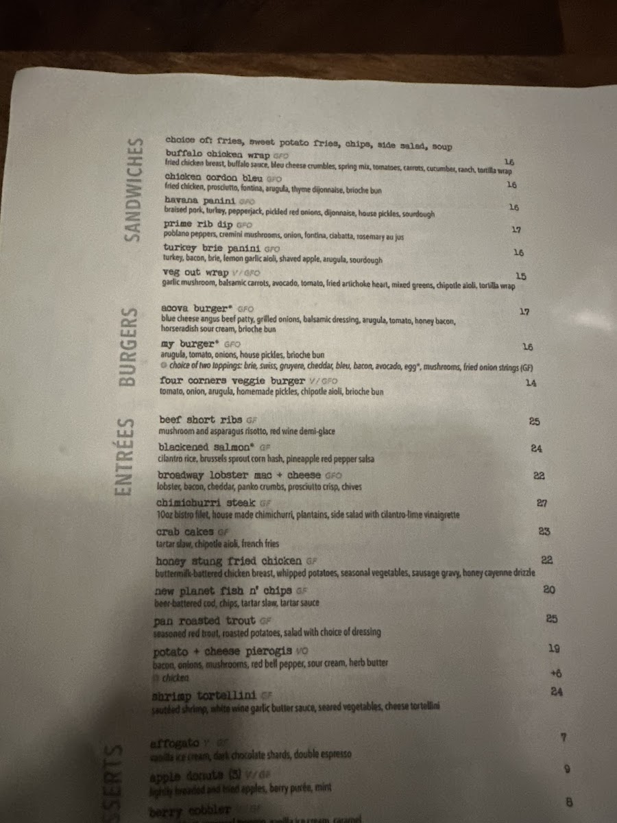 Acova gluten-free menu